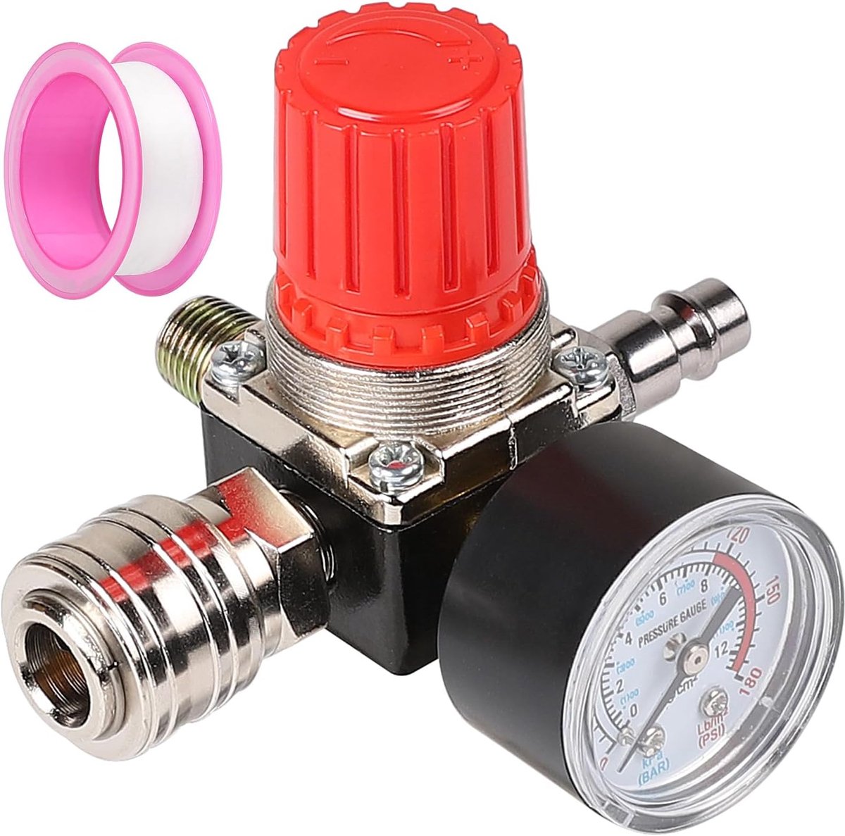 SnelShoppen - Drukregelaar voor Perslucht, 1/4 Inch, 4 Gaten, met Teflon O-ring en Drukmeter, 175 PSI, 12 Bar, Compressorklep voor Luchtcompressoren