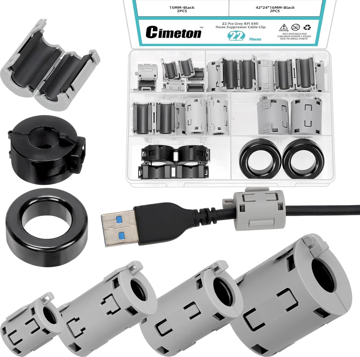 SnelShoppen - 22-delige set zwarte ferriet ringkernen met clip-on bevestiging, toroid kernen RFI-EMI storingsfilter voor kabels 7mm/9mm/11mm