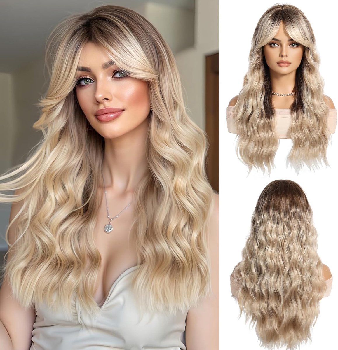 Synthetische Haarstuk 24in Golvend - Ombre Blonde - Met Pony - Perfect voor Feestjes - ShopVlot