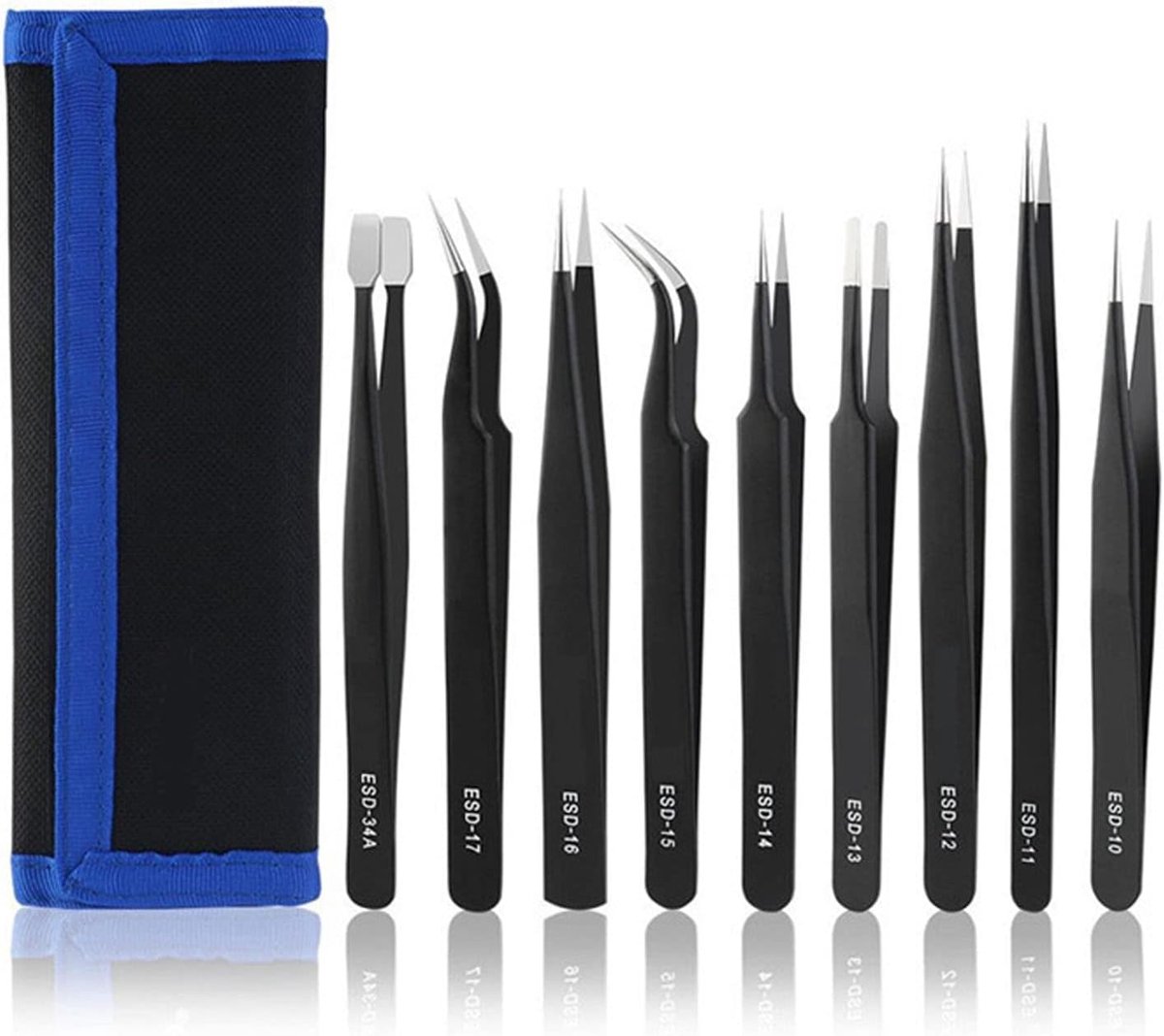 SnelShoppen - 9-delige Precisie Pincet Set, Antistatische Pincetten, Roestvrijstalen Reparatie Pincetten, Zwart Antistatische Coating, Voor Elektronic