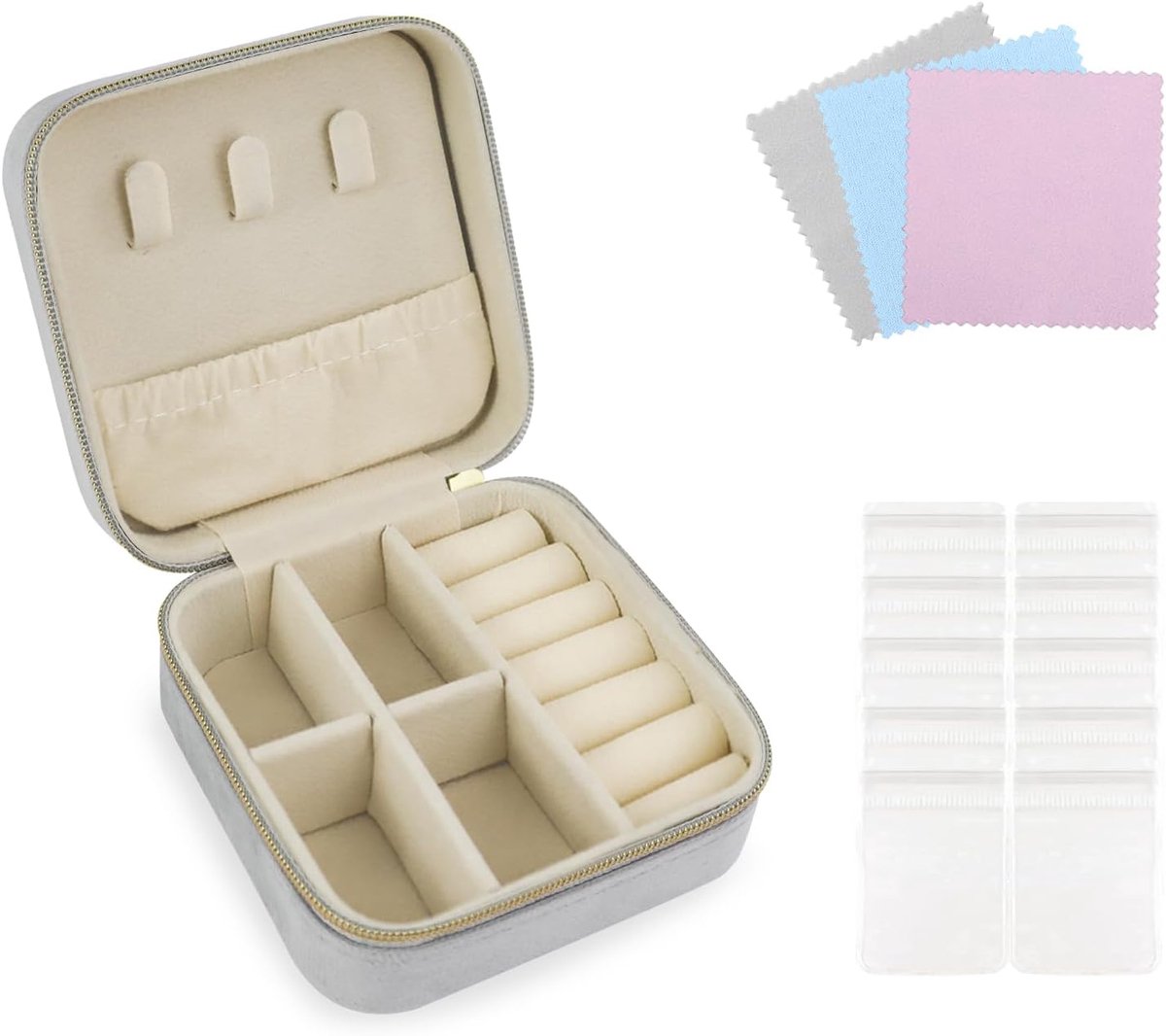 SnelShoppen - Kleine Sieradenbox - Draagbare Sieraden Reiskoffer - Fluwelen Sieradenbox voor Ringen, Oorbellen, Halskettingen - Compact Grijs voor Rei