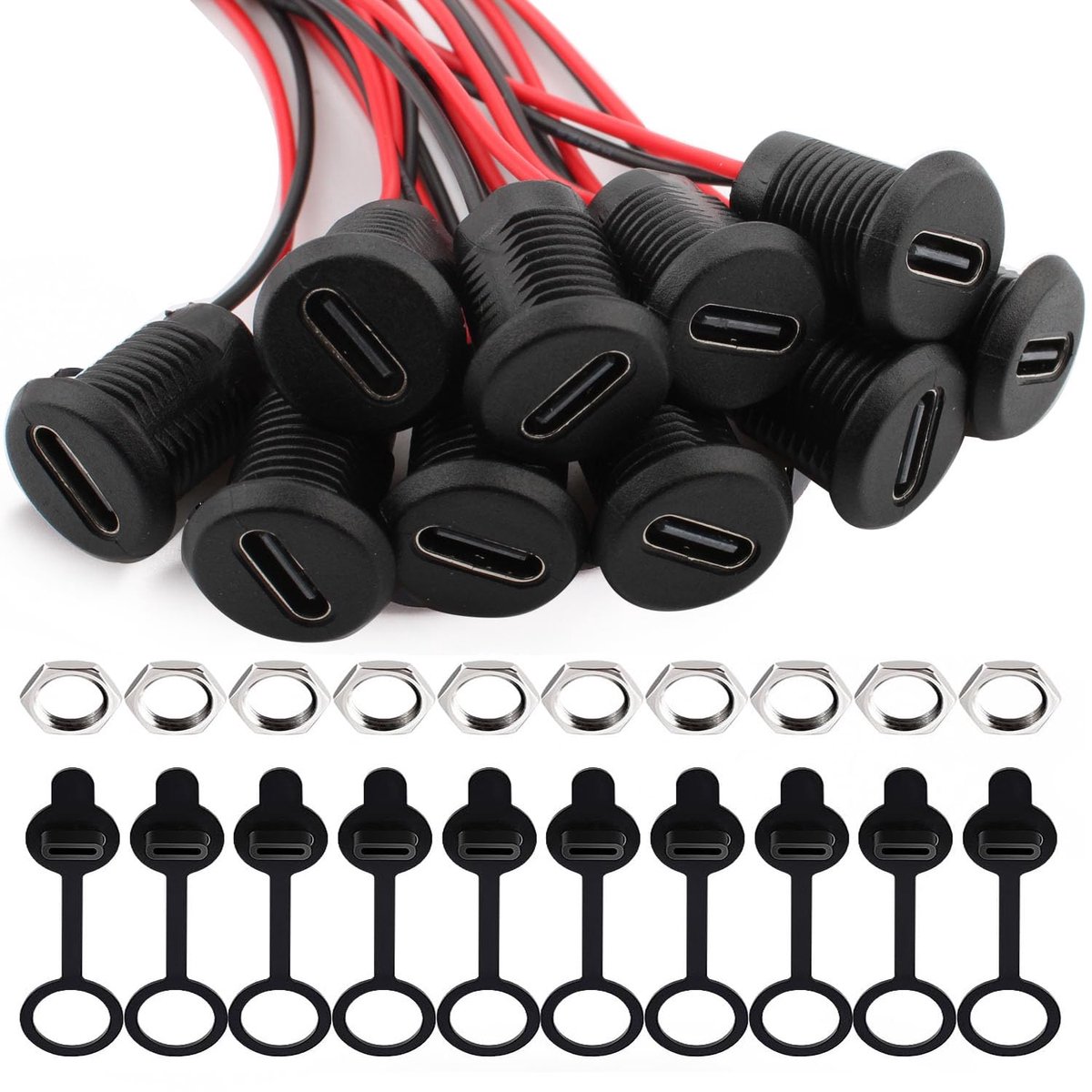 USB C socket pack van 10 - 5V 3A met stofkap en moeren - 2-draads soldeerverbinding - ideaal voor opladen - ShopVlot