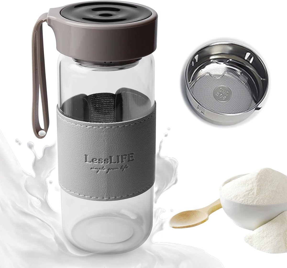 Protein Shaker Glass: 480 ml Grey Glass Shake Cup with 2 Stainless Steel Mixing Balls, Premium Leakproof Protein - ShopVlot