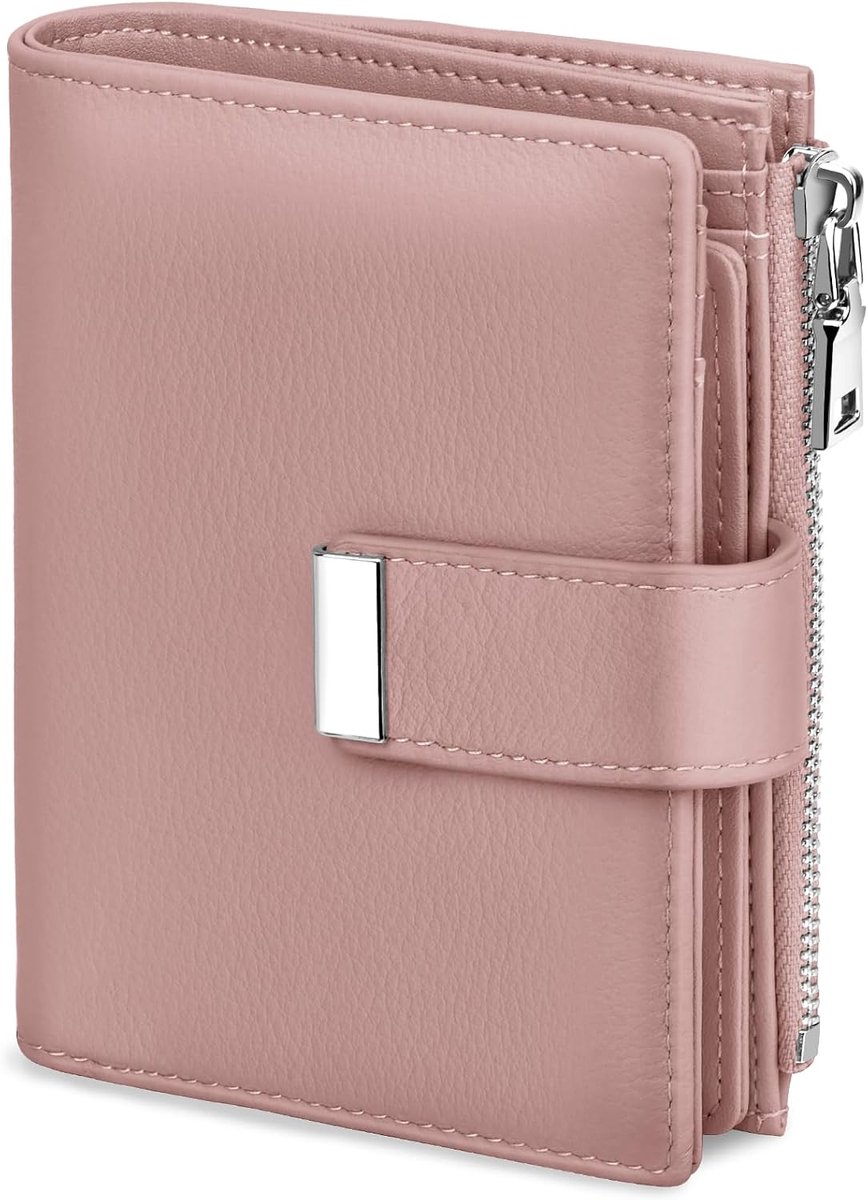SnelShoppen - Dames Kleine Leren Portemonnee, RFID Bescherming, Ritssluiting Wallet met Dubbel Vak voor Cash, 12 Kaartslots, Roze, Compact en Elegant