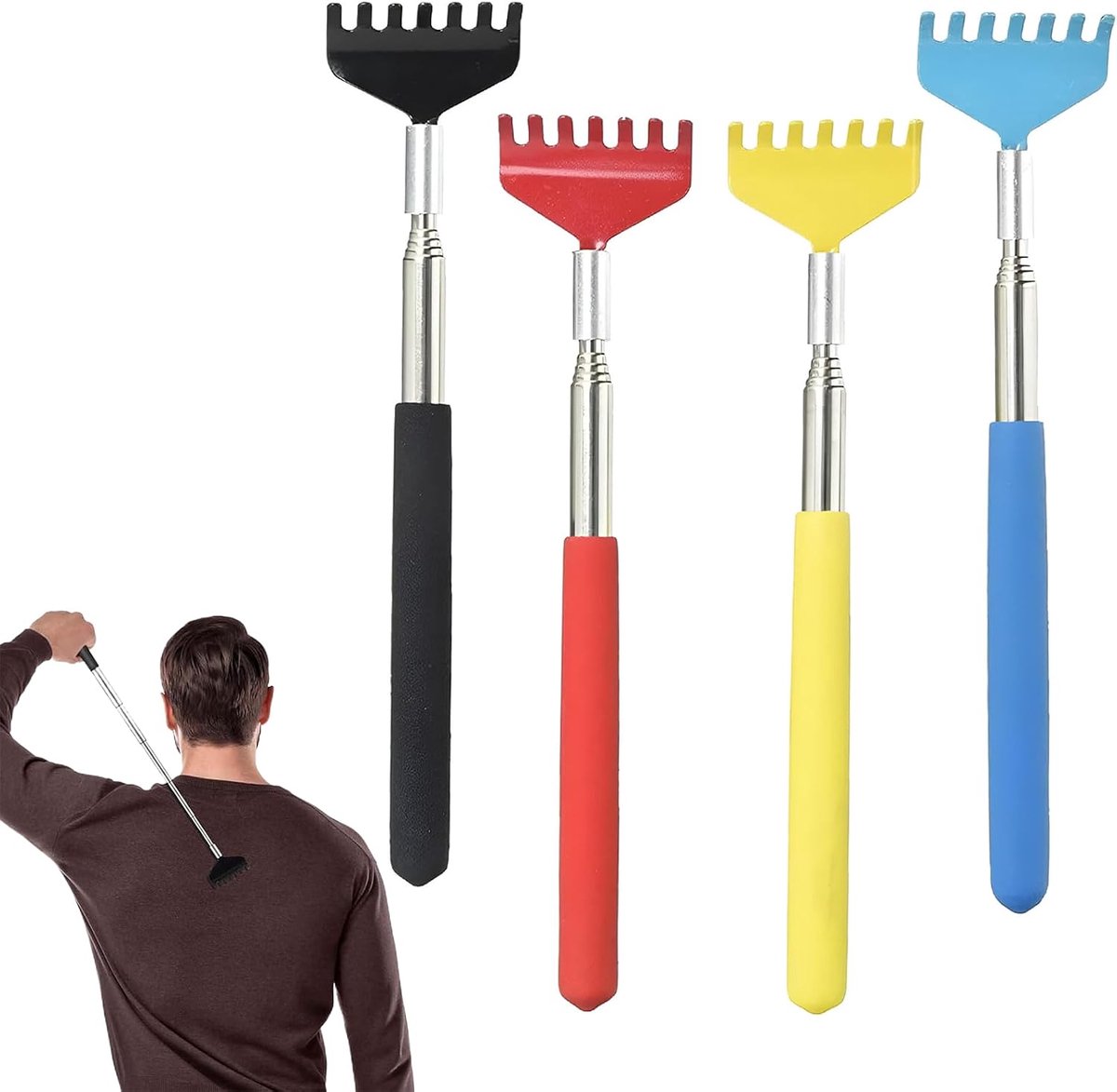 SnelShoppen - Pack van 4 Uittrekbare Rugkrabbers - Uittrekbaar van 20 cm tot 68 cm - Geschikt voor Mensen met Stijve Gewrichten - RVS - Zwart, Blauw,