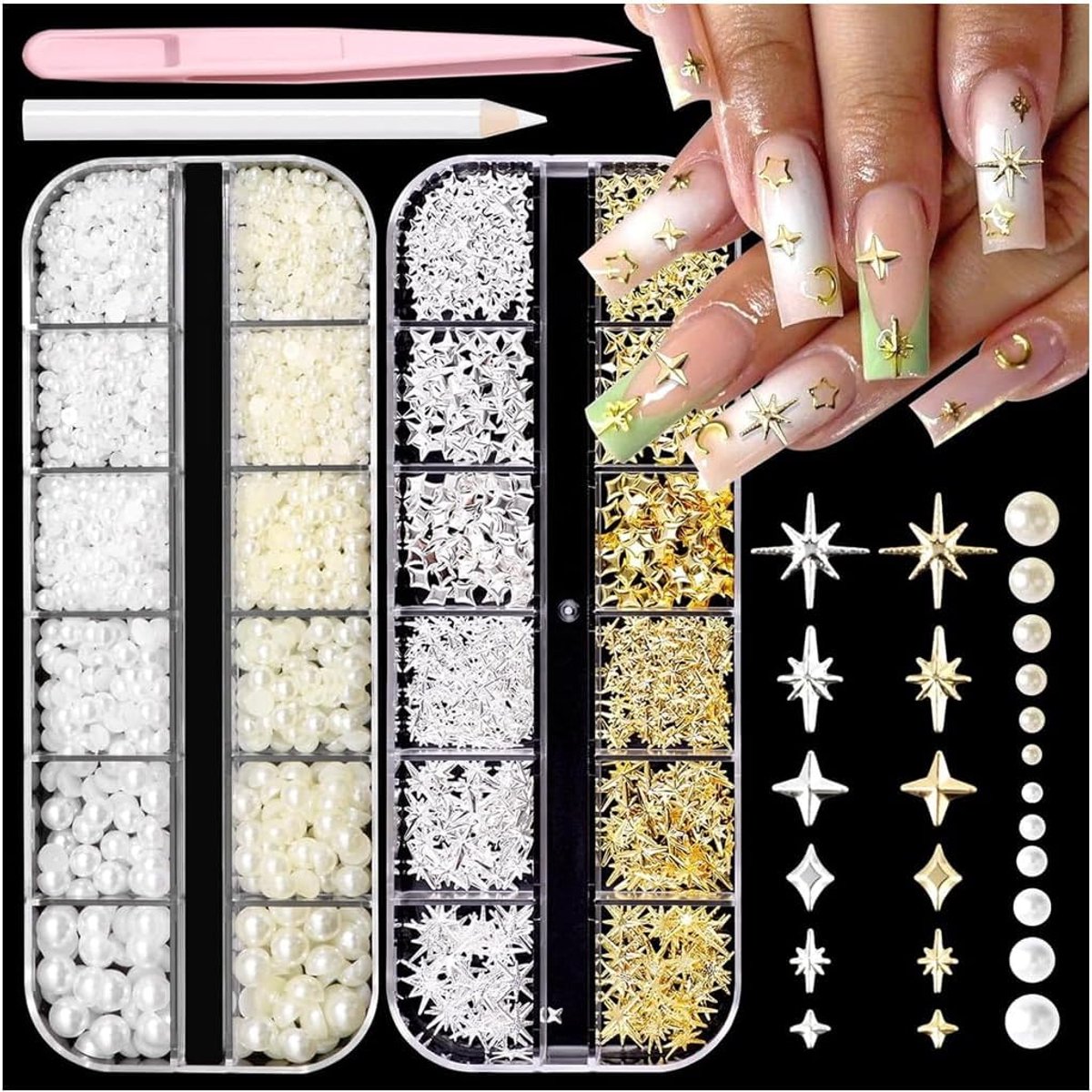 3D Ster Nail Charms 2 Schachteln - Ster-Kreuz Charms voor Nagels - Flatte Perlen voor DIY-Nagelkunst - ShopVlot