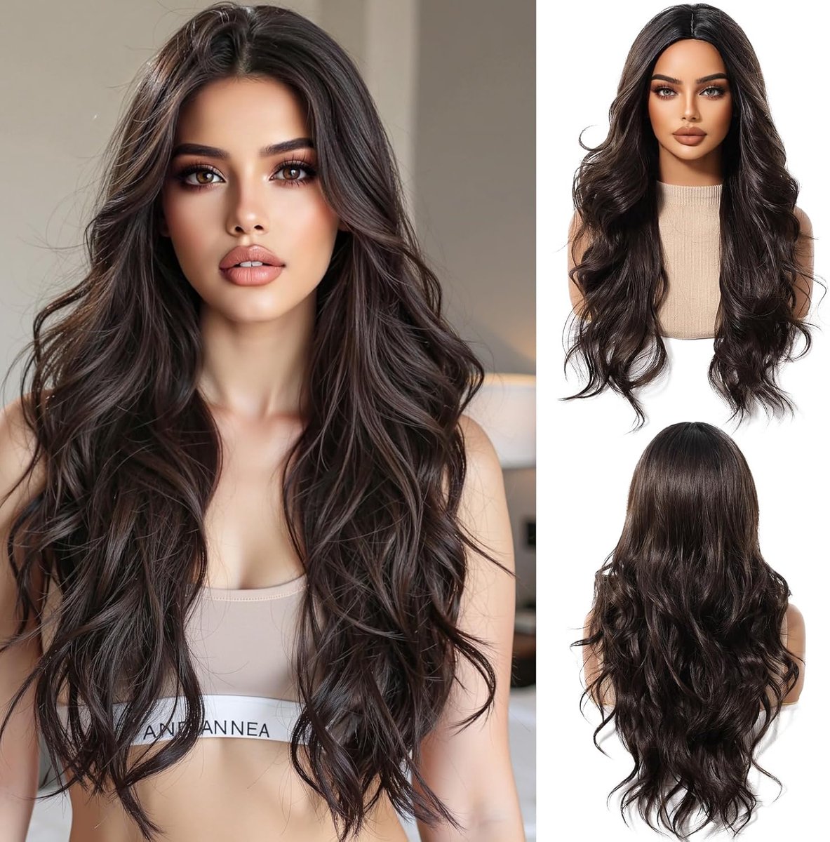 SnelShoppen - Donkerbruine 24 inch Lange Golvende Synthetische Party Perucque voor Vrouwen - Hoge Kwaliteit, Warmtebestendig, Natuurlijke Uiterlijk, P