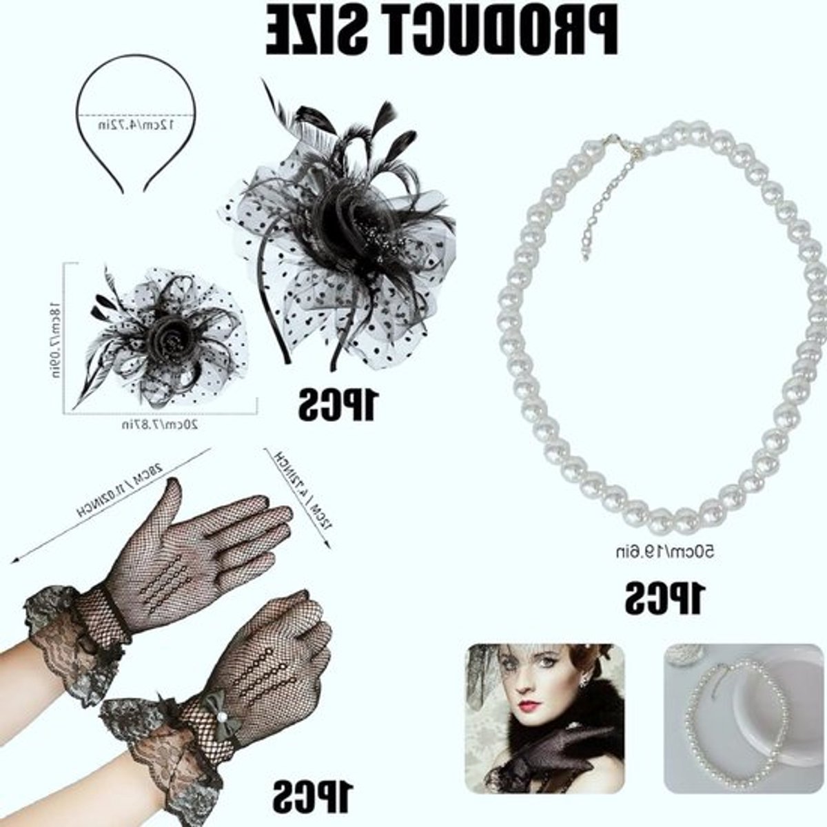 Luxe Theeparty Set voor Vrouwen: Accessoirepakket met Kanten Handschoenen, Vintage Hoed en Parelketting - Ideaal voor Feestjes en Speciale Gelegenheden