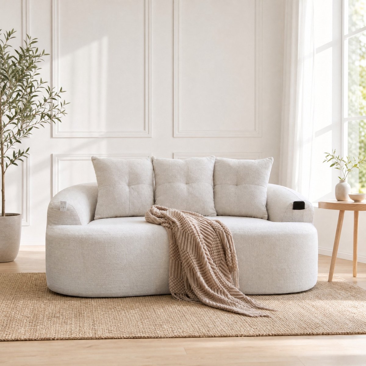 MODENUIT Zitbank 164 cm - 2-zits - Chenille Met 3 Sierkussens - Voor Woonkamer En Kleine Ruimtes - Beige
