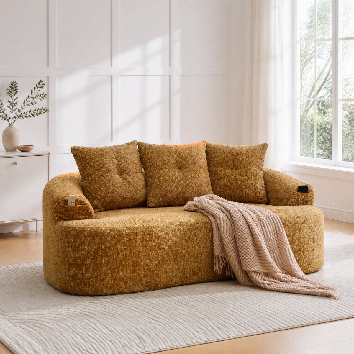 MODENUIT Zitbank - 2-Zits - Gebogen Model Met 3 Sierkussens - Voor Woonkamer - Chenille - Mosterdgeel