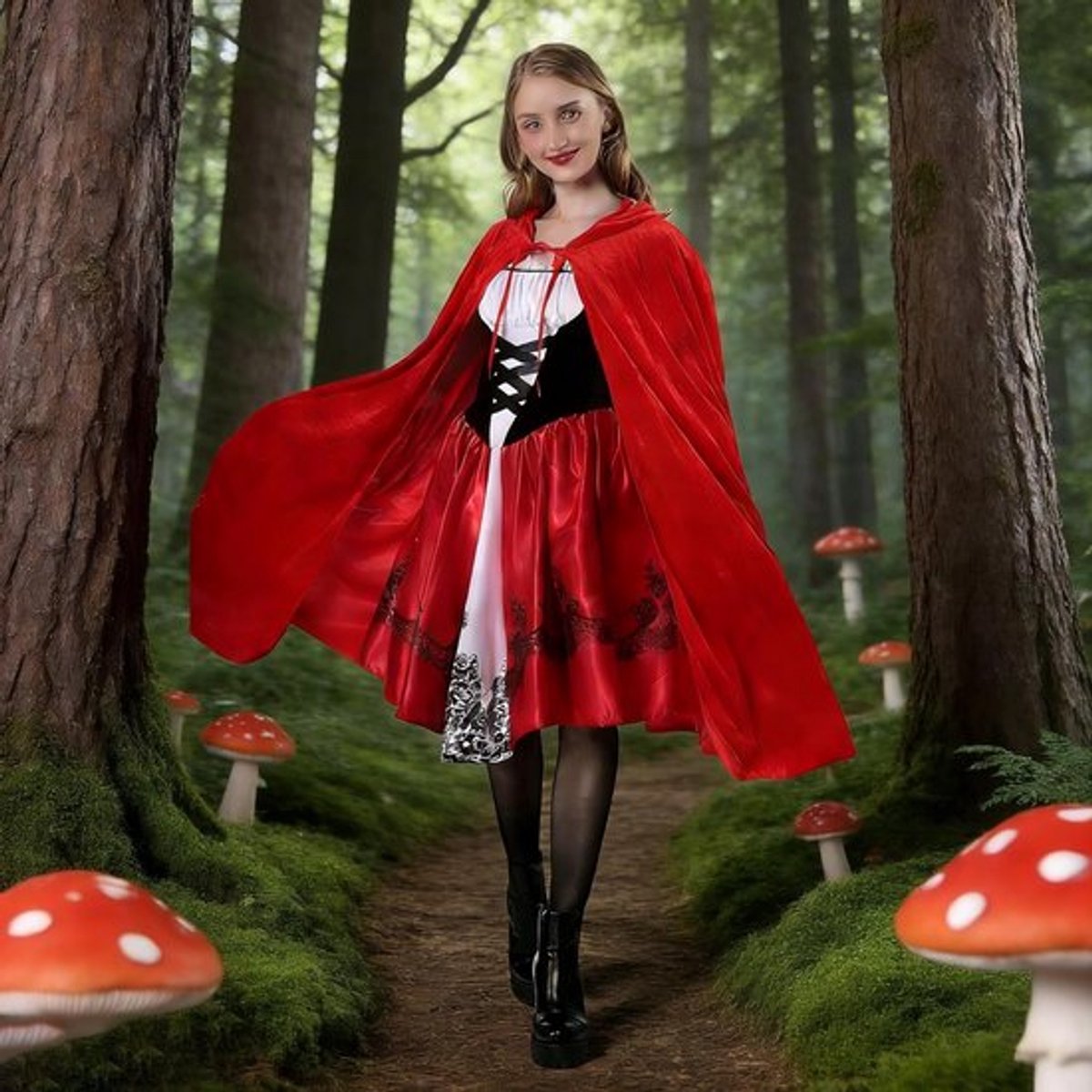 Vrouwelijk Roodkapje Kostuum met Cape, Jurk en Zwarte Kousen voor Carnaval, Halloween en Feestelijke Gelegenheden