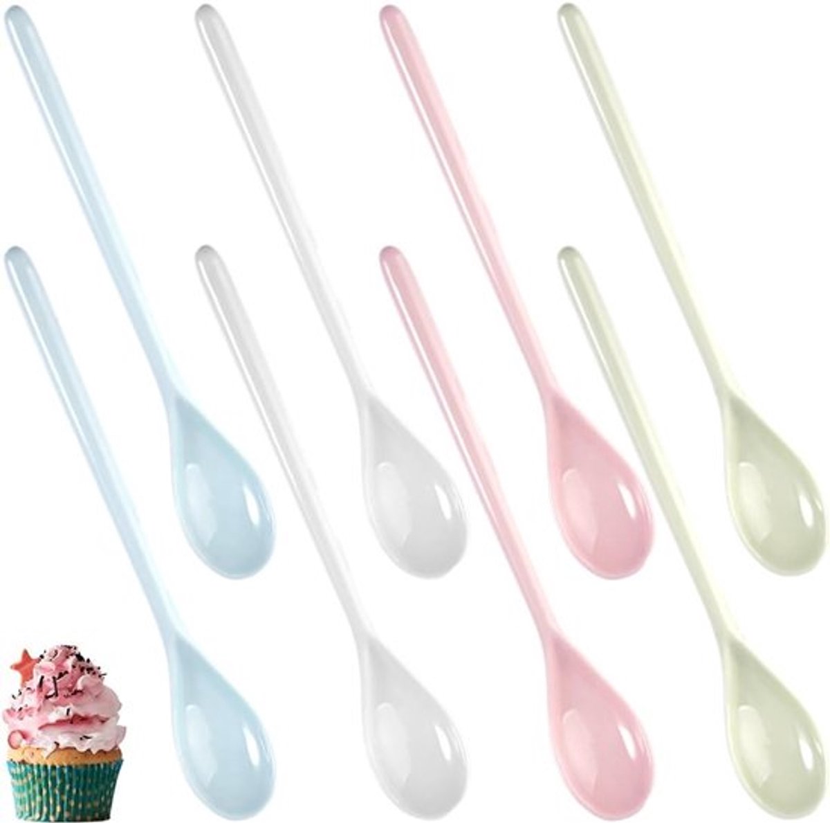 Herbruikbare kunststof lepels met lange handgreep, 18,5 cm, ideaal voor koffie, dranken en desserts, 8 stuks