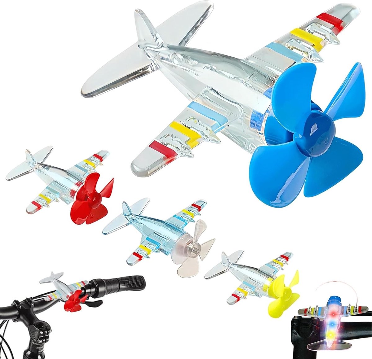 Kleurige LED Wind Propeller Vliegtuigjes - Set van 4 Draaiende Speelgoed voor Fiets, Motor en Auto - Batterijloze Buitenverlichting met Windkracht
