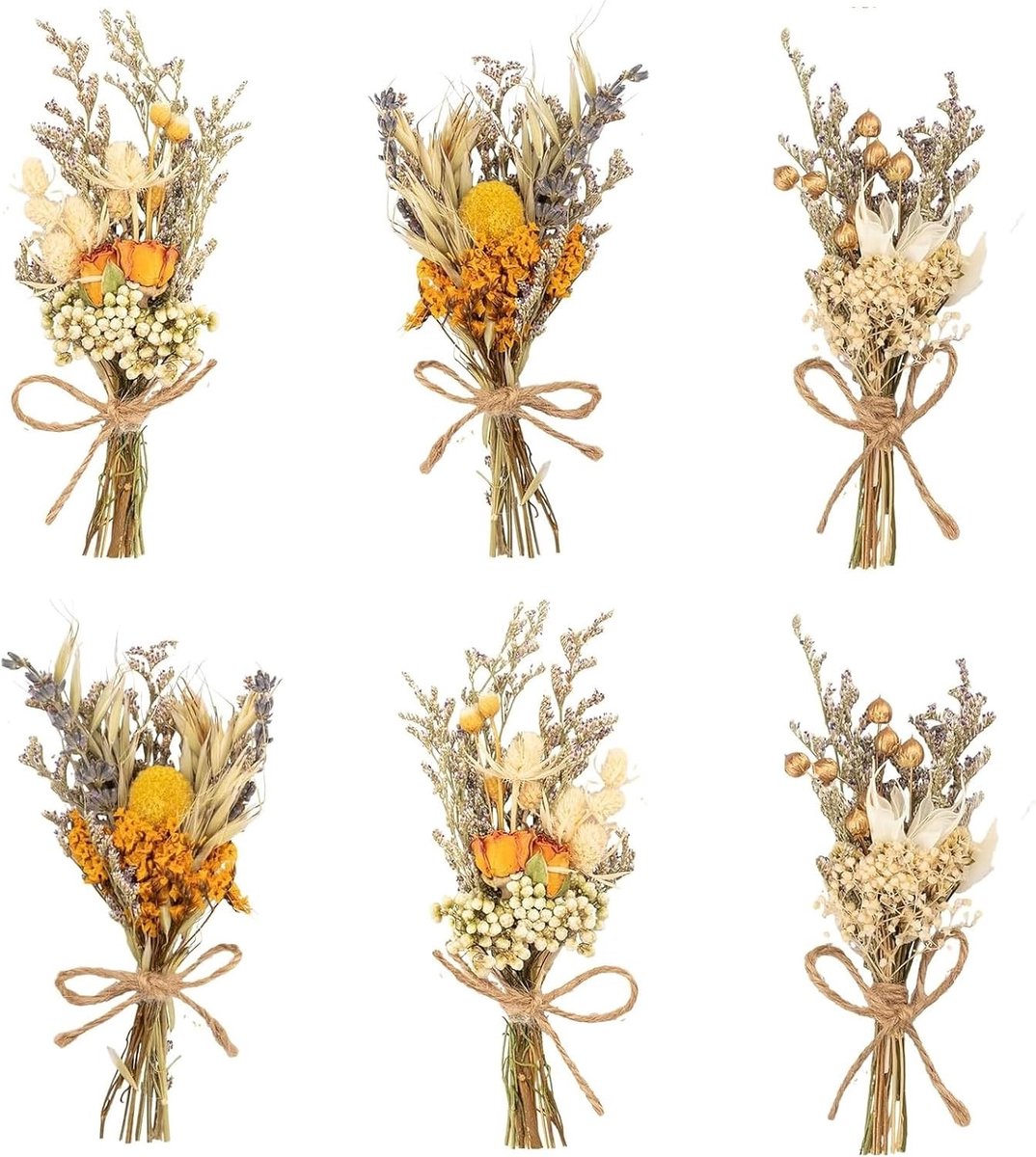 Mini Dried Flower Bouquets - 6 Stuks van 15 cm, Gele Gedroogde Bloemen voor Decoratie, Bruiloften en Cadeaus, Perfect voor Thuisdecoratie