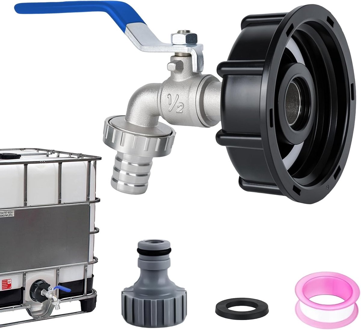 Drain Tap voor Regenwatertank 1000L - Waterafvoer met 1/2 Inch Aansluiting en IBC Adapter, Ideaal voor IBC Tank Accessoires en Waterbeheer