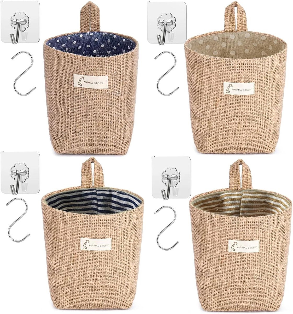Hanging Storage Bags Set van 4 - Katoenen Linnen Opbergzakken met S- en J-haak voor Organisatie