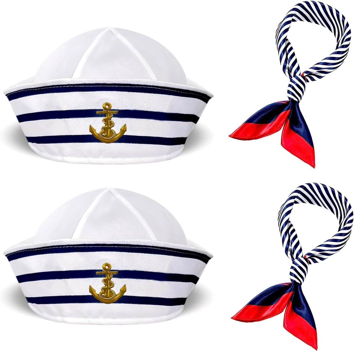 Captain's pet, gestreepte zeeman muts en sjaal set, kostuum voor mannen en vrouwen, maritiem thema, unisex, maat één, 2 sets, perfect voor feesten en evenementen