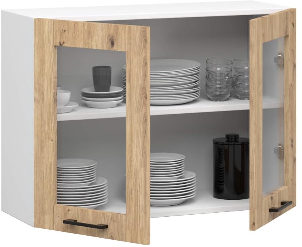 Famanu – Hangende keukenkast in wit en artisinaal eiken, wandkast met 2 deuren en handgrepen, 80x30,5x58 cm, ideaal voor keukenopslag