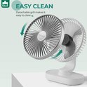 Witte tafelventilator met afneembare grill, schuin geplaatst, met twee groene pijlen die de afneembaarheid van de grill aanduiden.