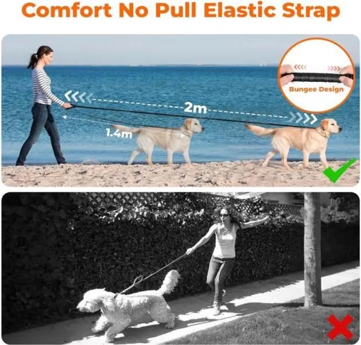 Elastische hondenriem – Martingue-stijl – 1,4 tot 2 meter – Dubbellaags, verdikt handvat – Zwart