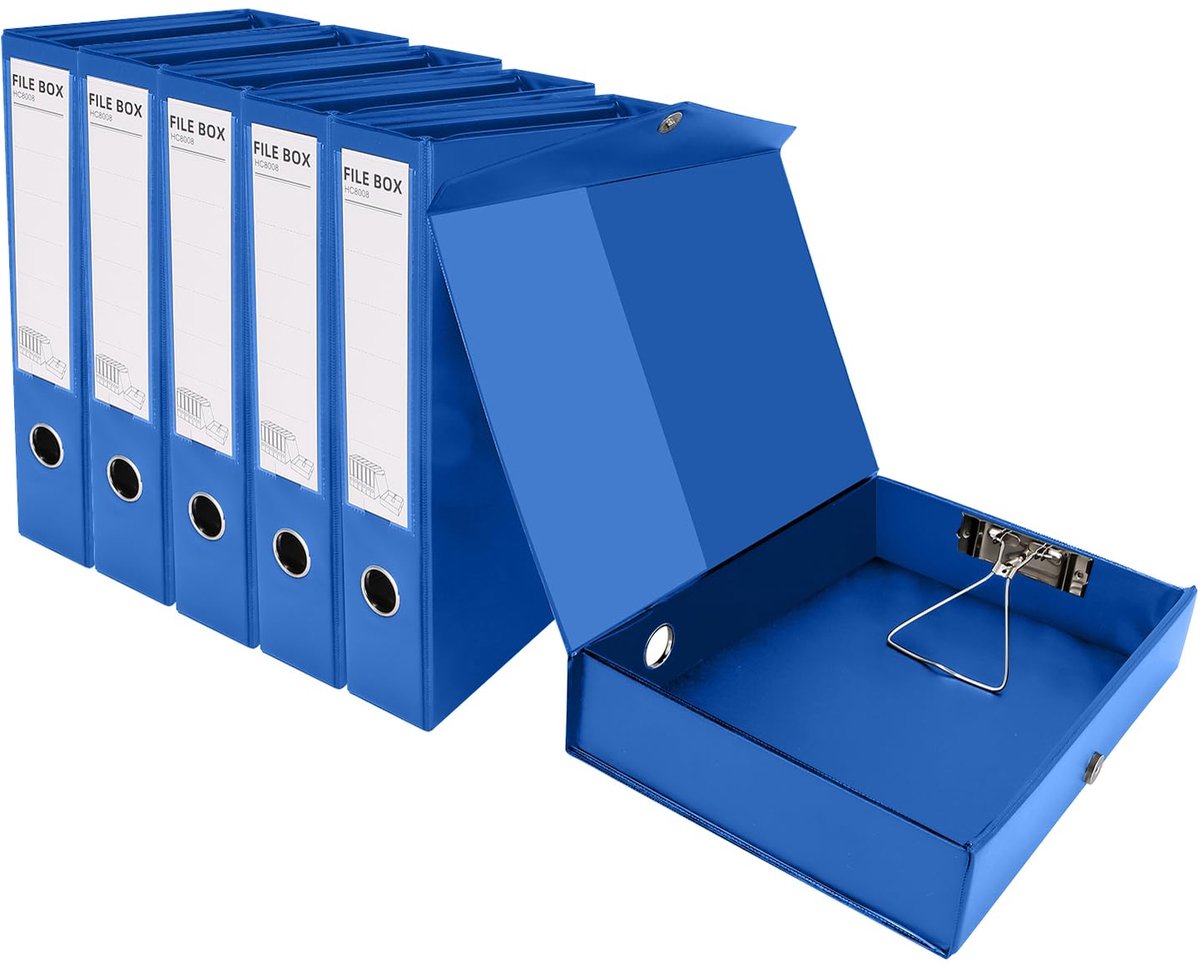 Famanu – Set van 6 A4-bestanden met clip, 65 mm rug, PVC opvouwbare documentarchiefdozen voor kantoor en school, blauw