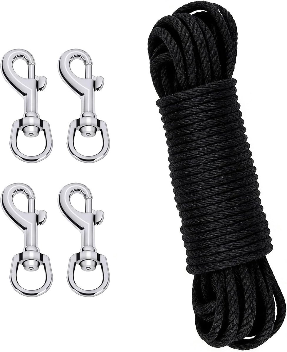 Vlaggenmast Touw - Zwart - 20 m - Nylon met 4 Karabijnhaken - Voor Buiten Gebruik