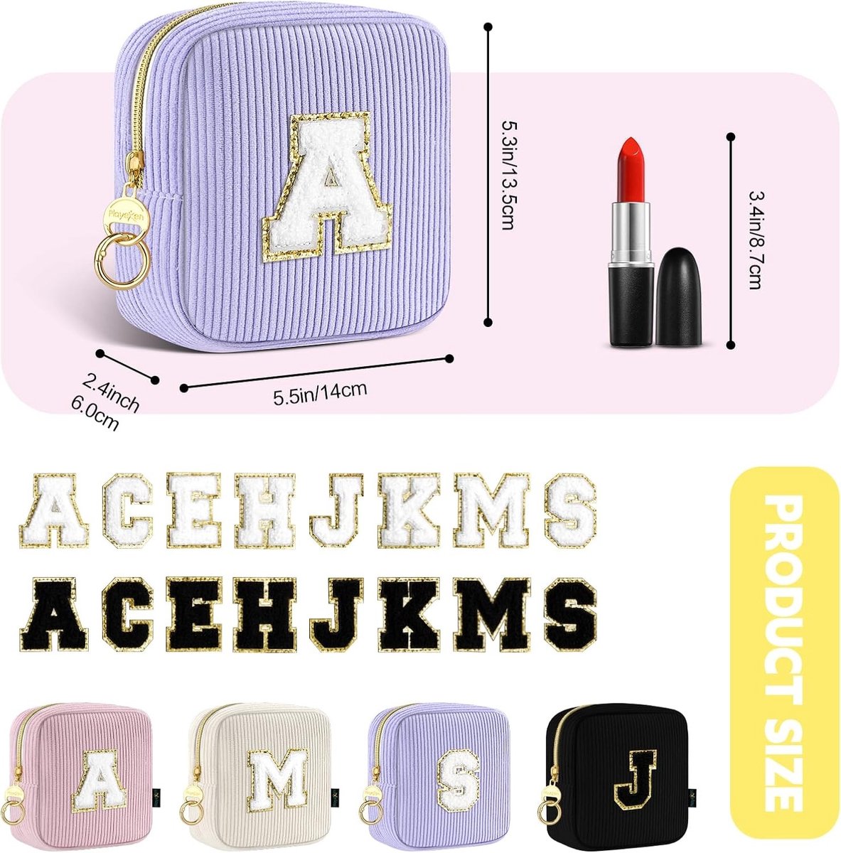 Gepersonaliseerde Make-uptas - Lichtlila - 14 x 13,5 x 6 cm - Corduroy Draagbare Reis-Toilettas - Voor Dames