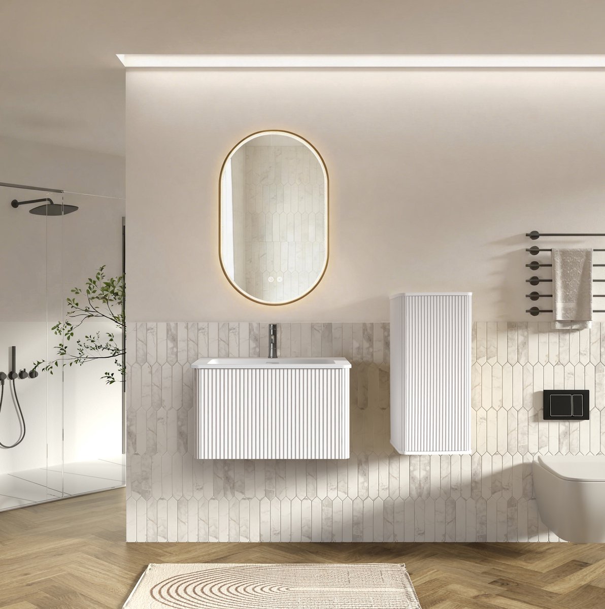 MIVRAY Badkamermeubelset Wandhangend Met Led Spiegel En Wastafel Zijkast Wit Modern Minimalistisch 81 Cm