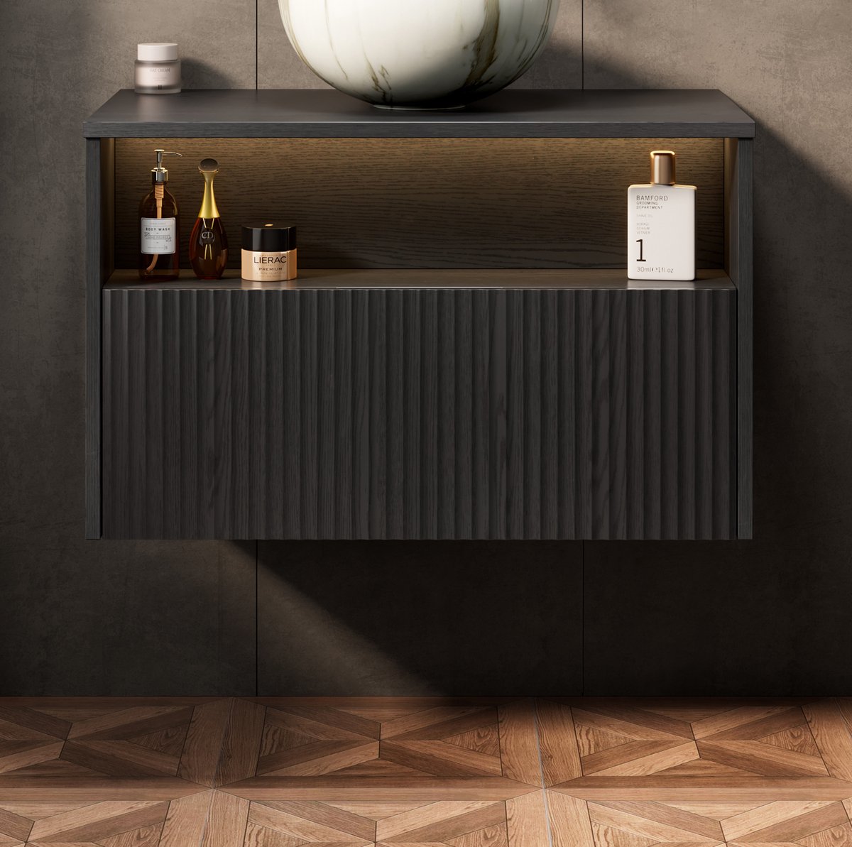MIVRAY Badkamerkast - Wandmodel Met Lade En Open Vak - Voor Moderne Badkameropslag En Geordende Opbergruimte - Multiplex En Hout - Zwart - 80 Cm