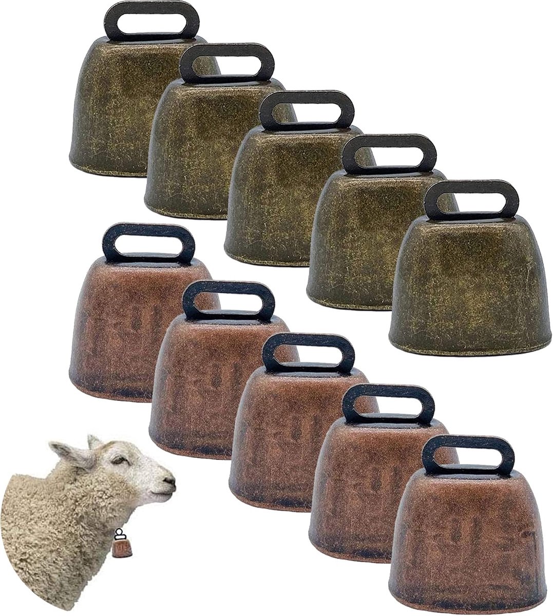 Koebel - 10 Stuks - Bel - Koebellen - Grazend Koeienbel - Metalen Koe Bel Belletjes - Geitenbel - Paard - Deurbel - Vintage - Hondenbel - Dier Enbellen - Boerderij - Bronzen*5+rood brons*5