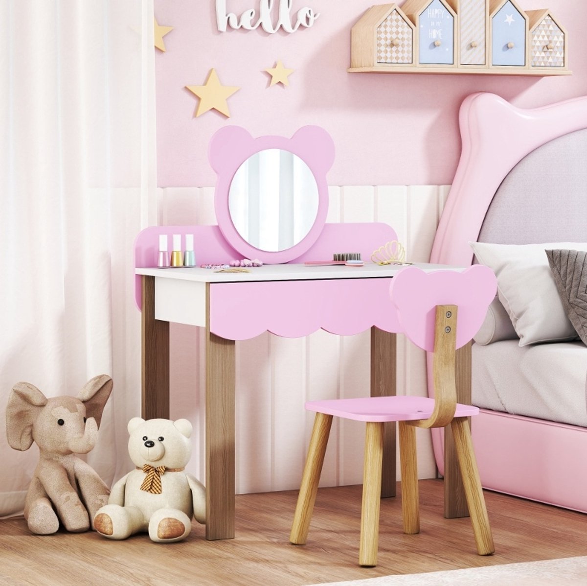 REDOM - Kinderkaptafel met kruk - Berenvormige spiegel en brede lade - Acrylspiegel - Met opbergruimte - Voor kinderkamer of speelkamer - MDF - Roze - 68 x 35 x 86 cm