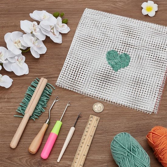 Set van knoophaakjes voor tapijt, inclusief 2 gebogen ijzeren haken, mesh weefset, bar cutter en draadnaald - Creatieve handwerkmaterialen voor tapijtprojecten — afbeelding 3