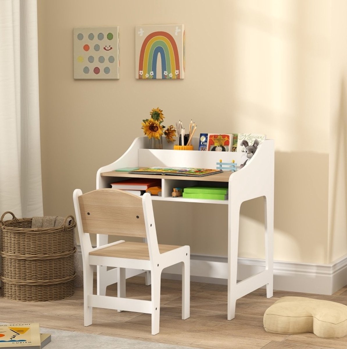 REDOM - Kinder bureau- en stoelset - Opbergruimte met open vakken - Ergonomische kinderstoel - Hout - Wit en natuurlijk hout - 60 x 48 x 68 cm