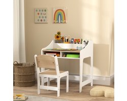 REDOM - Kinder bureau- en stoelset - Opbergruimte met open vakken - Ergonomische kinderstoel - Hout - Wit en natuurlijk hout - 60 x 48 x 68 cm