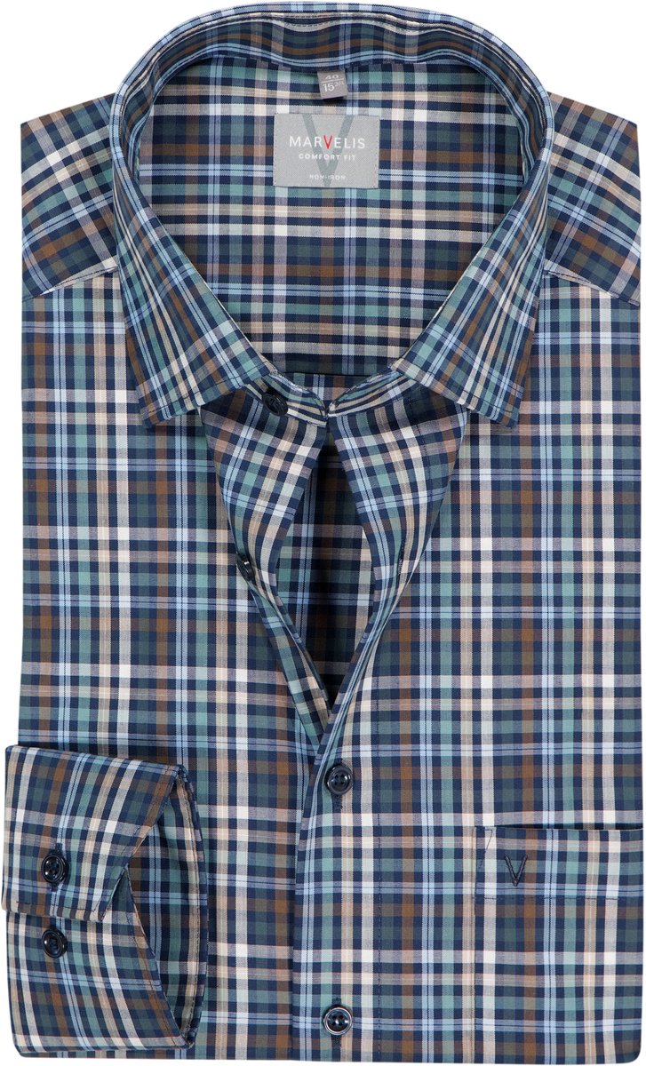 MARVELIS comfort fit overhemd - popeline - blauw met groen - wit - beige en bruin geruit - Strijkvrij - Boordmaat: 47 (EU maat: 3XL)
