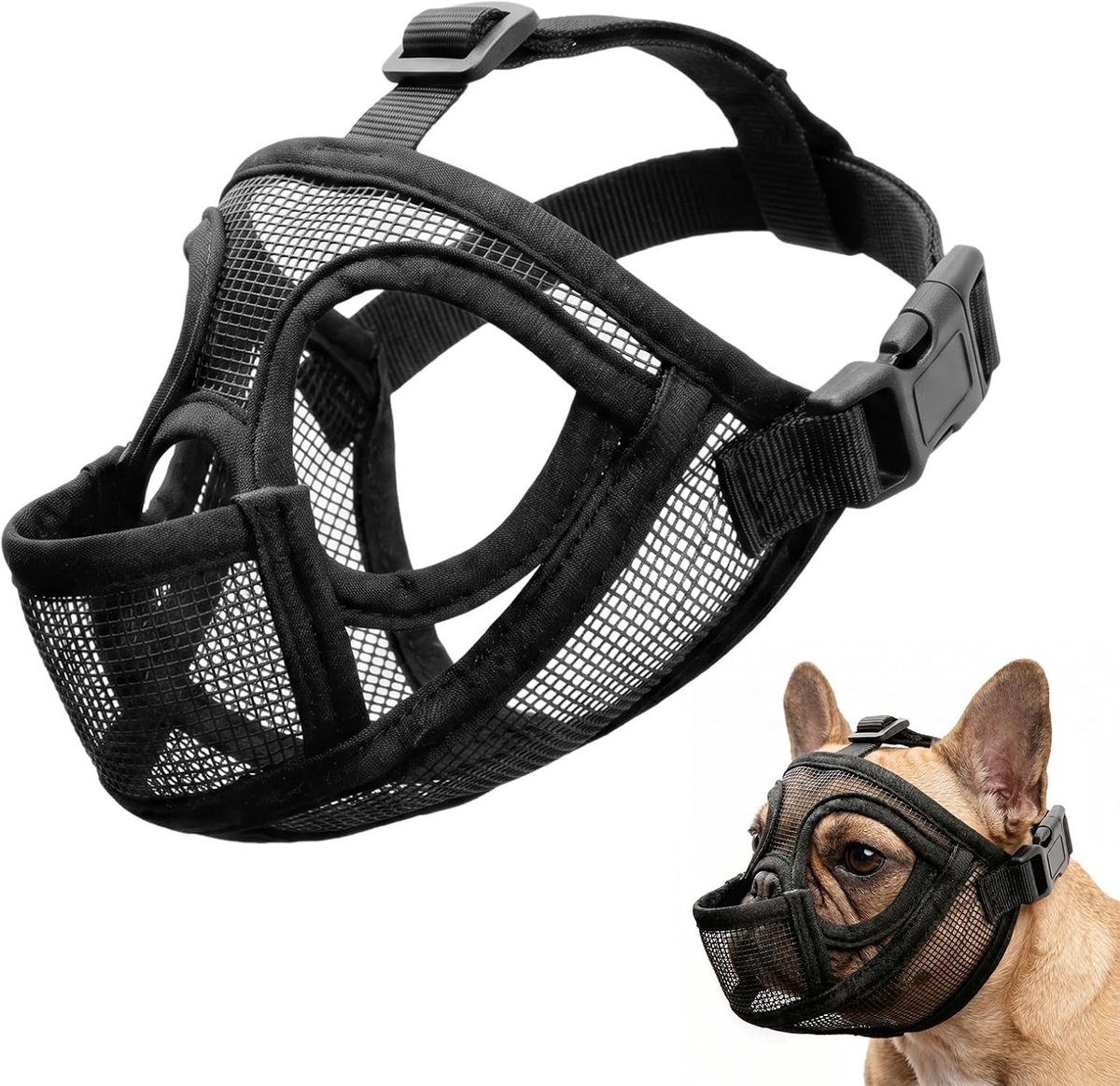 Korte muilkorf voor Franse Bulldog - Verstelbare mesh hoofdband - Anti-bijten, kauwen en blaffen, ideaal voor training en wandelingen