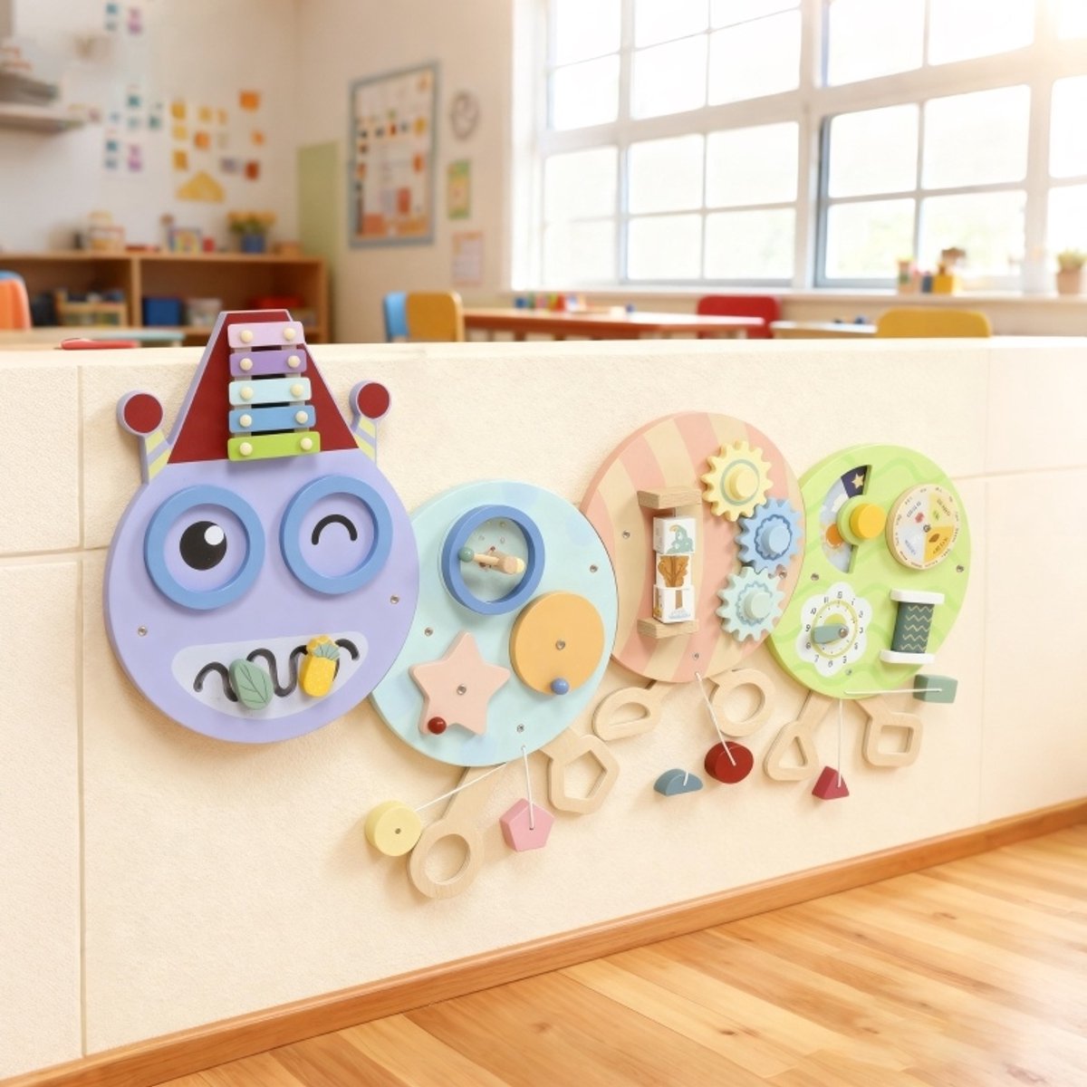 Wishdor Wandactiviteitenbord voor kinderen - 7-in-1 Montessori activiteitenbord - Muziek, tandwielen, klok en vormen - Muurmontage - Multicolor - MDF - 108 x 62 cm