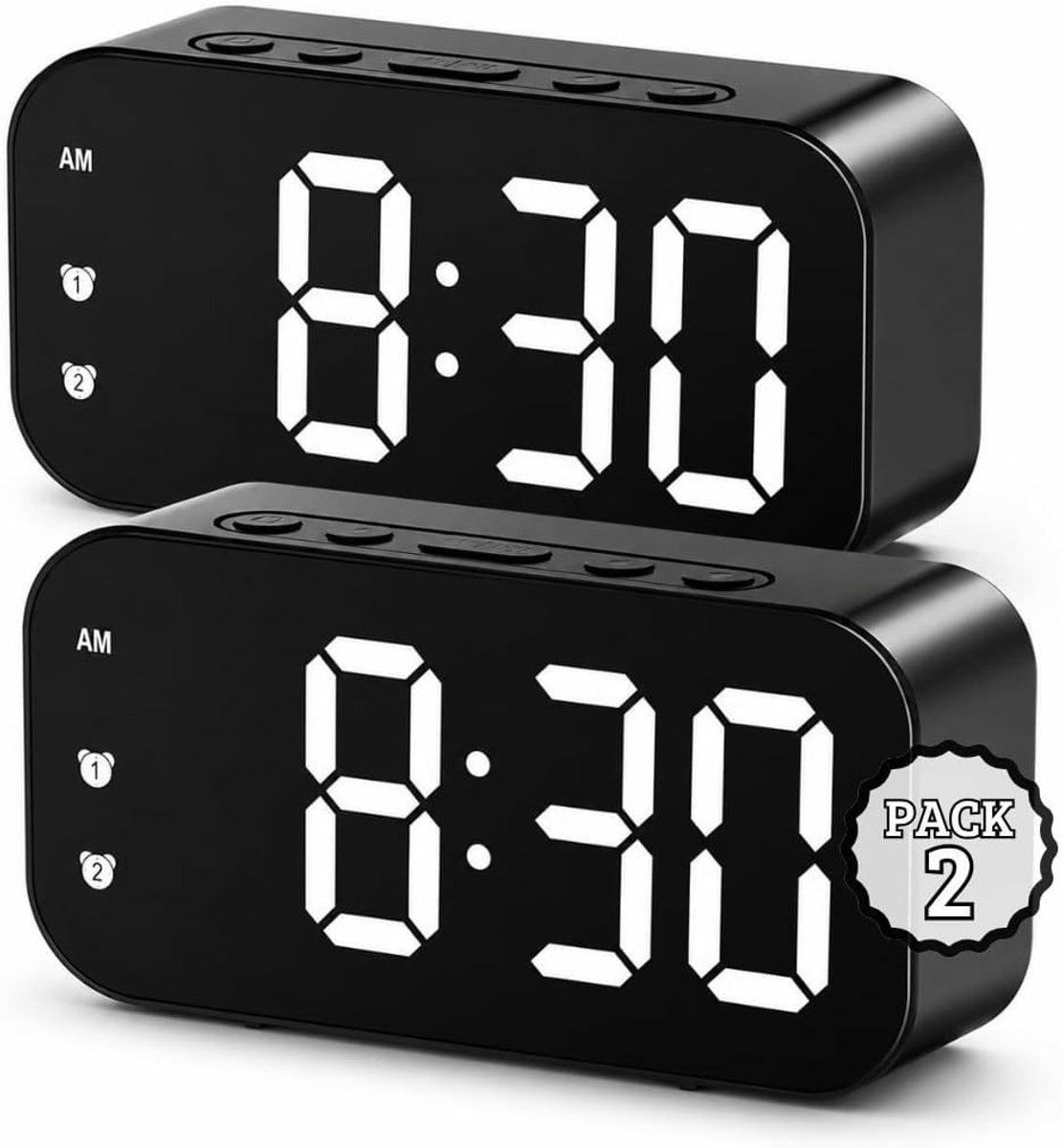Digitale Wekker - Zwart - 2 Stuks - LED Spiegel Display met Dubbel Alarm - Voor Thuis en Kantoor