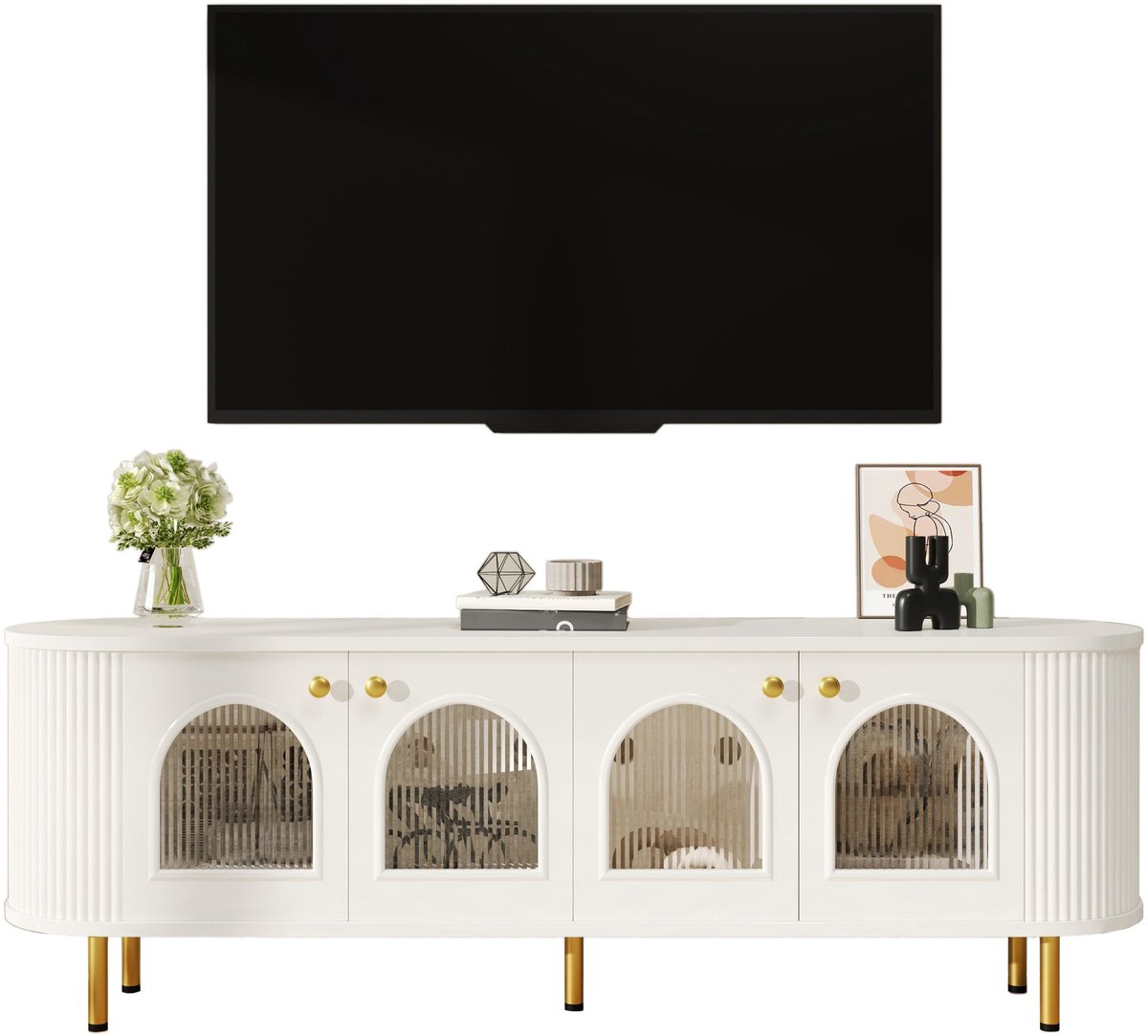 Merax Televisiemeubel 170 cm - Wit met goudkleurige details - 4 glazen deuren - Ruime opbergruimte - Kabeldoorvoer