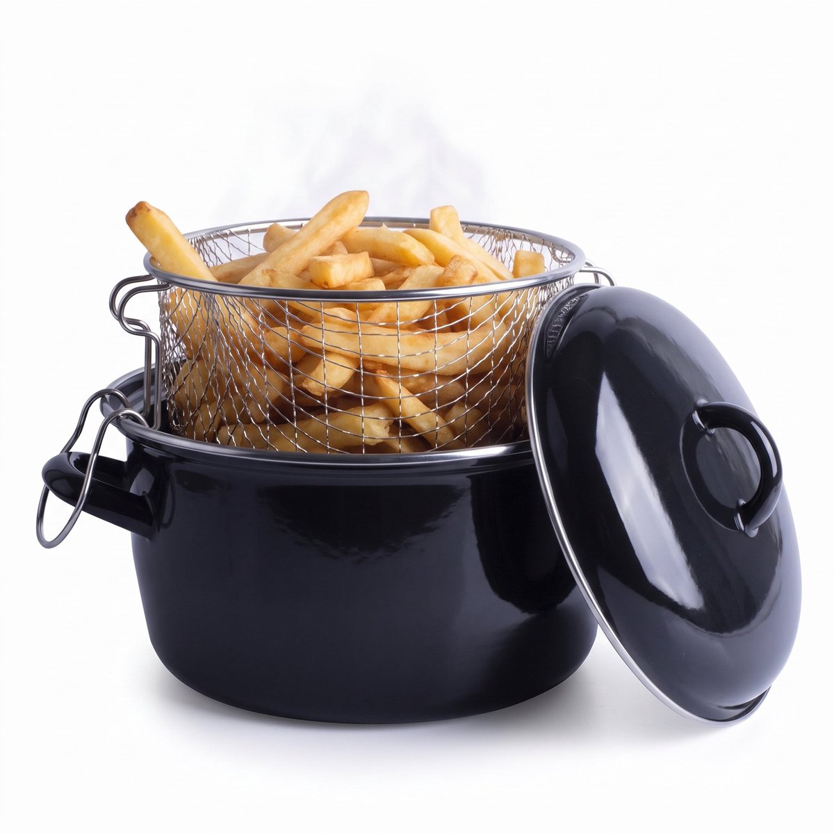 Cheqo® Frituurpan Emaille met Mandje - Friteuse met Inzet en Deksel - Frietpan - Oliebollenpan - Oliepan - Frituurmand - Geschikt voor Inductie en Gasfornuis - Frituren op het Fornuis - voor Friet en Snacks - voor Oud en Nieuw - Zwart