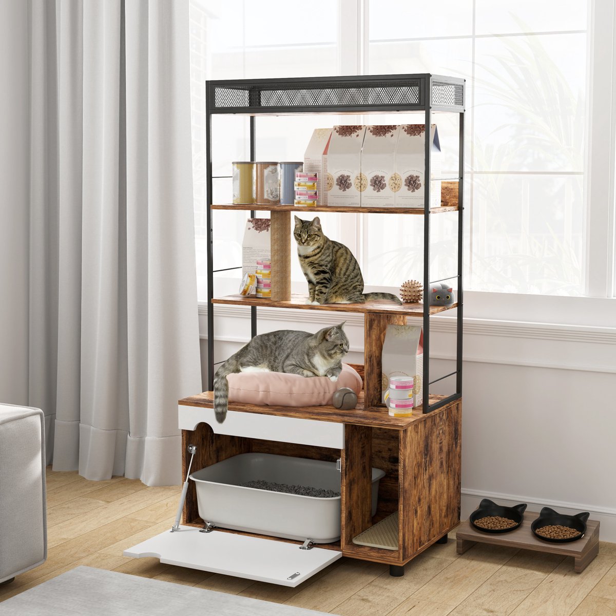 REDOM - Kattenbakcontainer - 2-in-1 kattenklo schrank met 3-laags rek - Klapdeur - Krabpaal - Woonkamer - Hout - Bruin - 80 x 48 x 152 cm