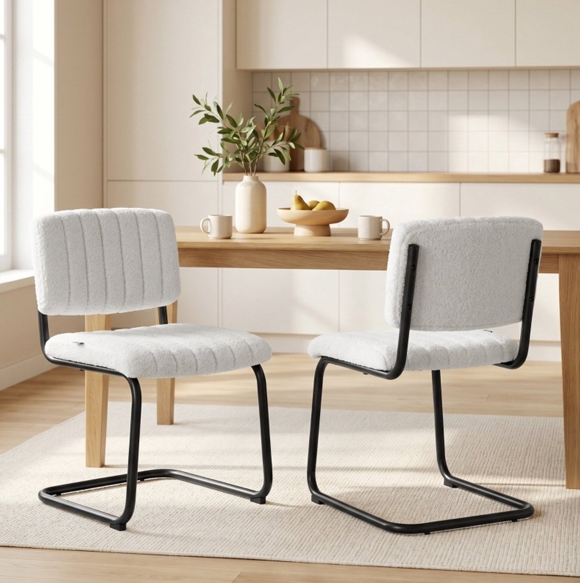 Eetkamerstoel Set Van 2 - Vrijzwevend Design Met Hoge Rugleuning En Teddyfleece Look - Voor Keuken En Eettafel - Metaal - Crème