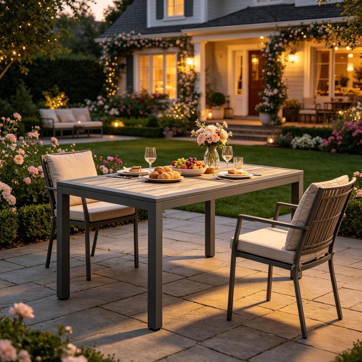 FloraGrace Tuintafel - Eettafel Voor 4 Tot 6 Personen Met Houtlook Blad - Voor Tuin En Terras - Verzinkt Staal - 140x80x72 Cm - Donkergrijs