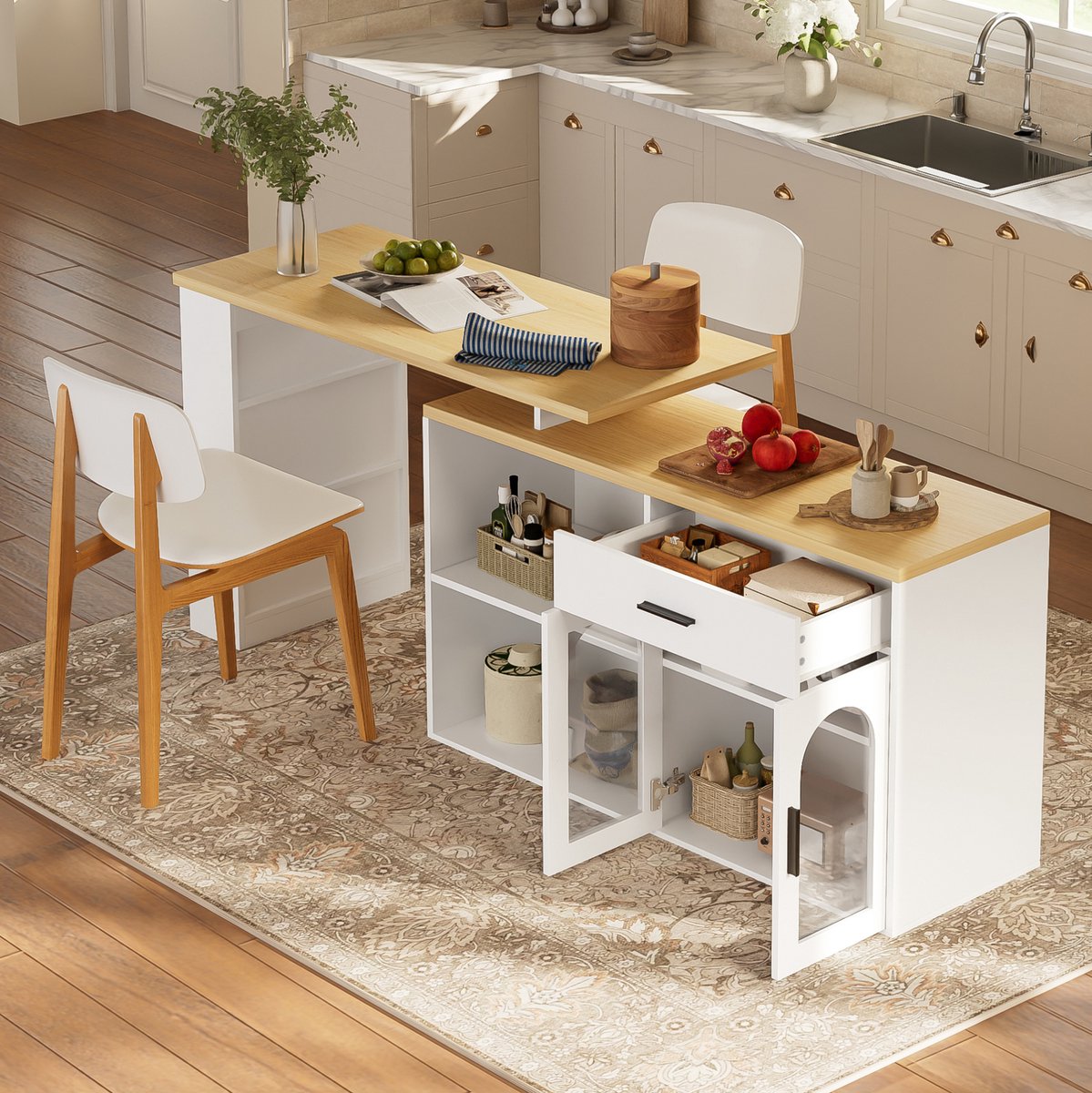 FloraGrace Keuken Eiland Met 360 Graden Draaibare Tafel En Opbergkast Met Lade En Planken Voor Keuken En Eetkamer Hout Wit 136x50x78 Cm