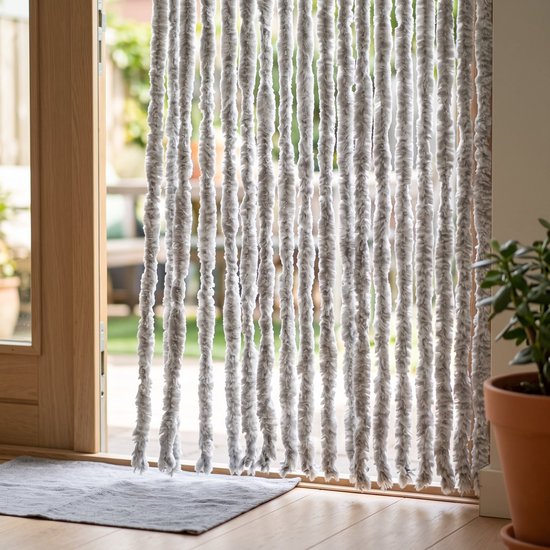 Cheqo® Vliegengordijn 90x230 cm Grijs/Wit - Insectengordijn - Deurgordijn - Kattenstaart - Horgordijn - Hordeur - Pluche Strengen - Chenille - Gemêleerd - Muggengordijn - Vliegenhor - Anti Insecten - voor Deur, Tuindeur, Caravan en Camper — afbeelding 5