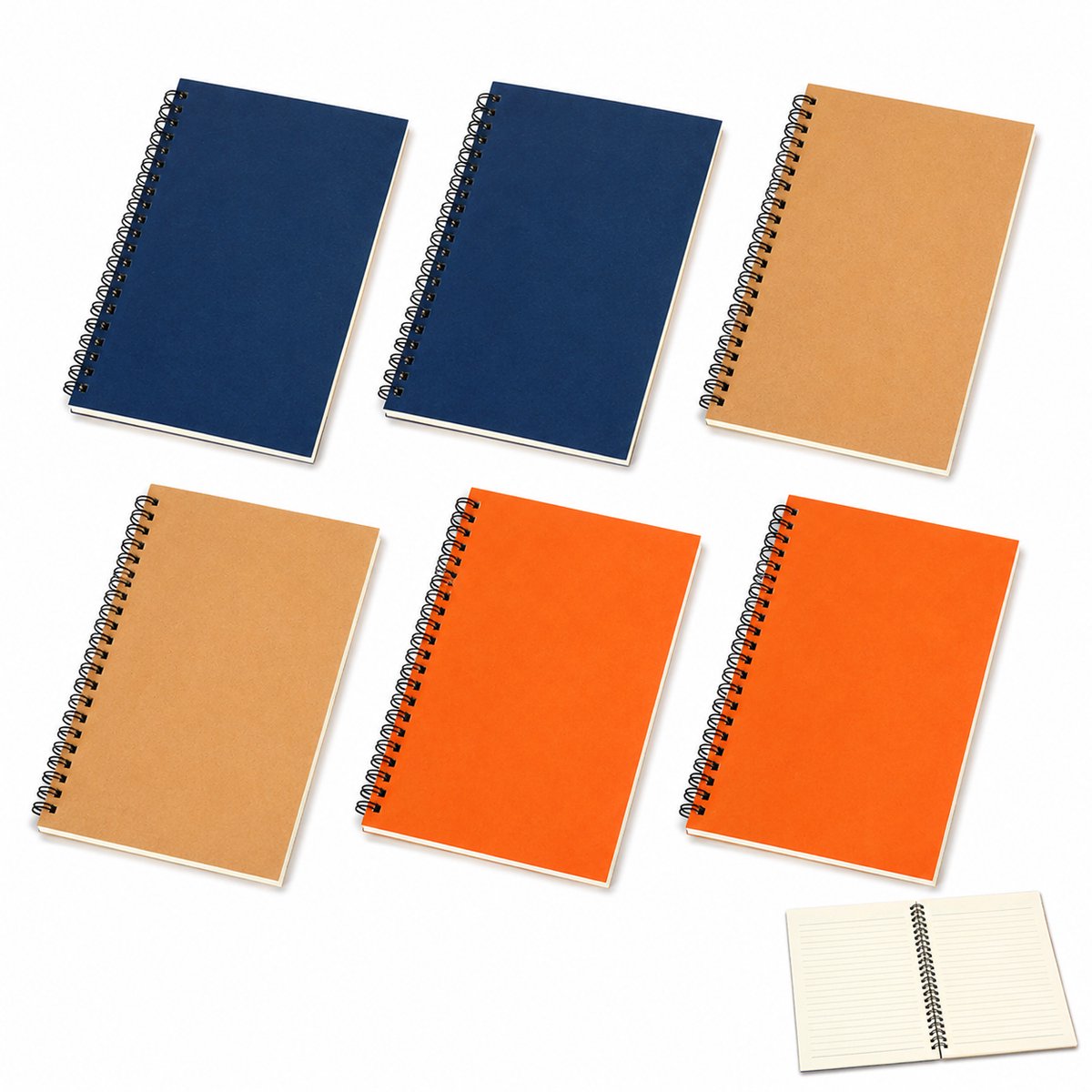 VHV - Notitieboek A5 - 6 Stuks Notebook - Spiraalnotitieboek Notitieboeken - 21x14 cm - 100 Pagina's per Boek - Voor Werk, Studie , Planning - Donkerblauw, Beige ,Oranje