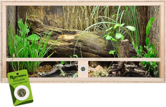 Terrarium met houten frame, decoratief met boomstam en planten, inclusief thermometer/hygrometer aan de voorkant.