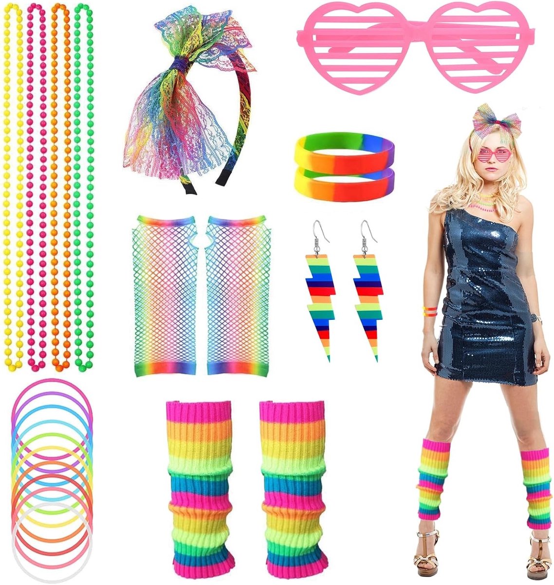 Neon accessoires voor dames in 80s en 90s stijl, perfect voor retro outfits en themafeesten