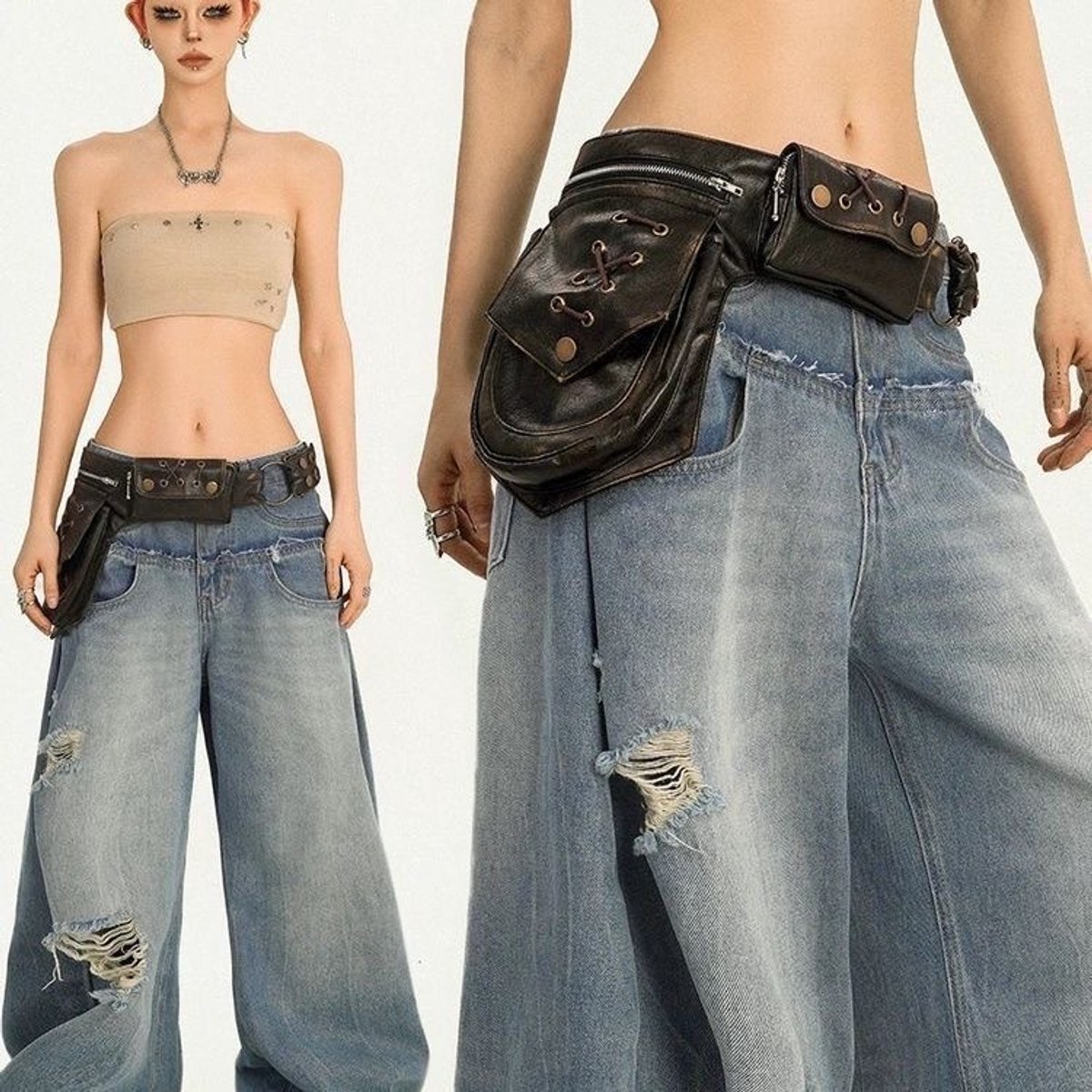 Vintage PU‑leer heuptas met meerdere vakken, retro korset vetersluiting riemtas, gothic y2k stijl heupgordel tas, verstelbaar voor festival en streetwear, zwart