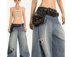 Vintage PU‑leer heuptas met meerdere vakken, retro korset vetersluiting riemtas, gothic y2k stijl heupgordel tas, verstelbaar voor festival en streetwear, zwart